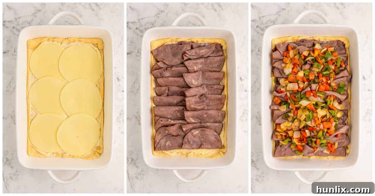 Additional preparation steps for Philly cheesesteak squares, showing roast beef being layered onto cheese and then topped with sautéed peppers and onions.