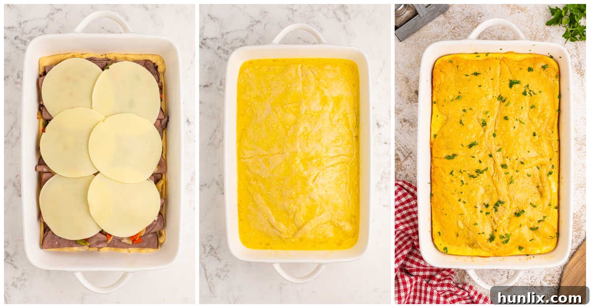 The final preparation steps for Philly cheesesteak squares, showing the top crescent dough being placed, brushed with egg wash, and ready for baking.
