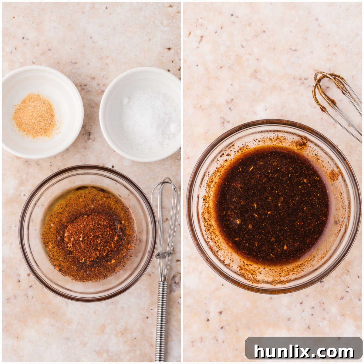 A collage showing the preparation steps: mixing olive oil with Cajun seasoning and garlic powder in a small bowl.