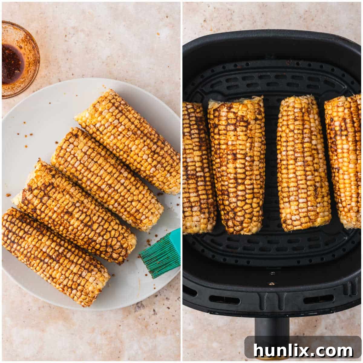 A collage depicting corn on the cob being placed into an air fryer basket and then cooking inside, showing a slight char.
