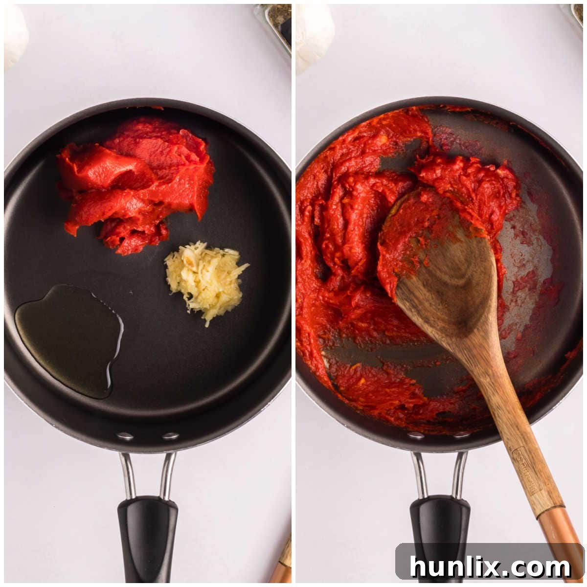 A collage showing tomato paste and minced garlic being sautéed in a pot.