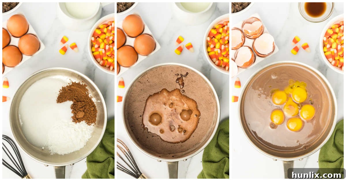 Visual steps showing the process of preparing the rich chocolate filling.