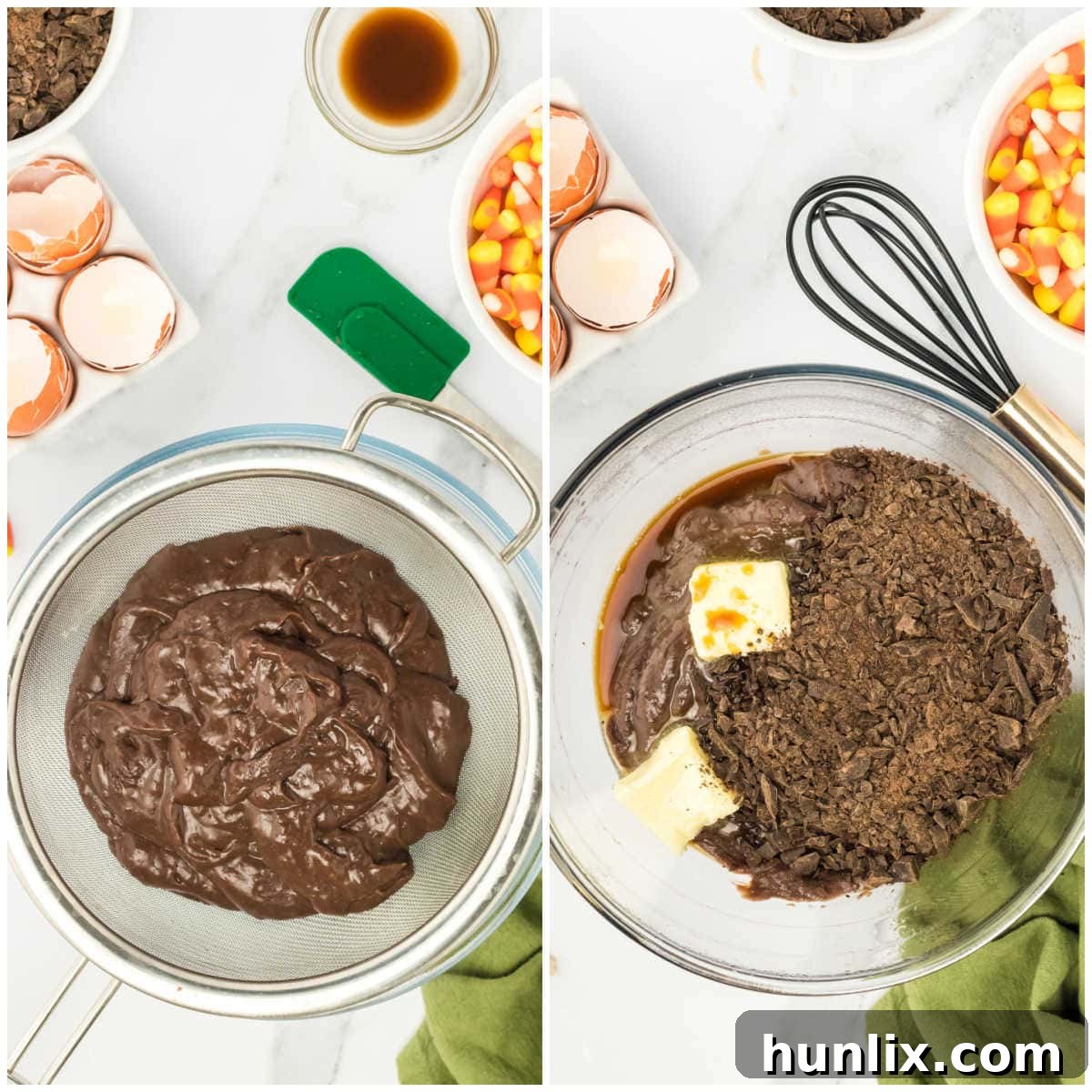 Steps depicting the final touches to the chocolate fudge filling.