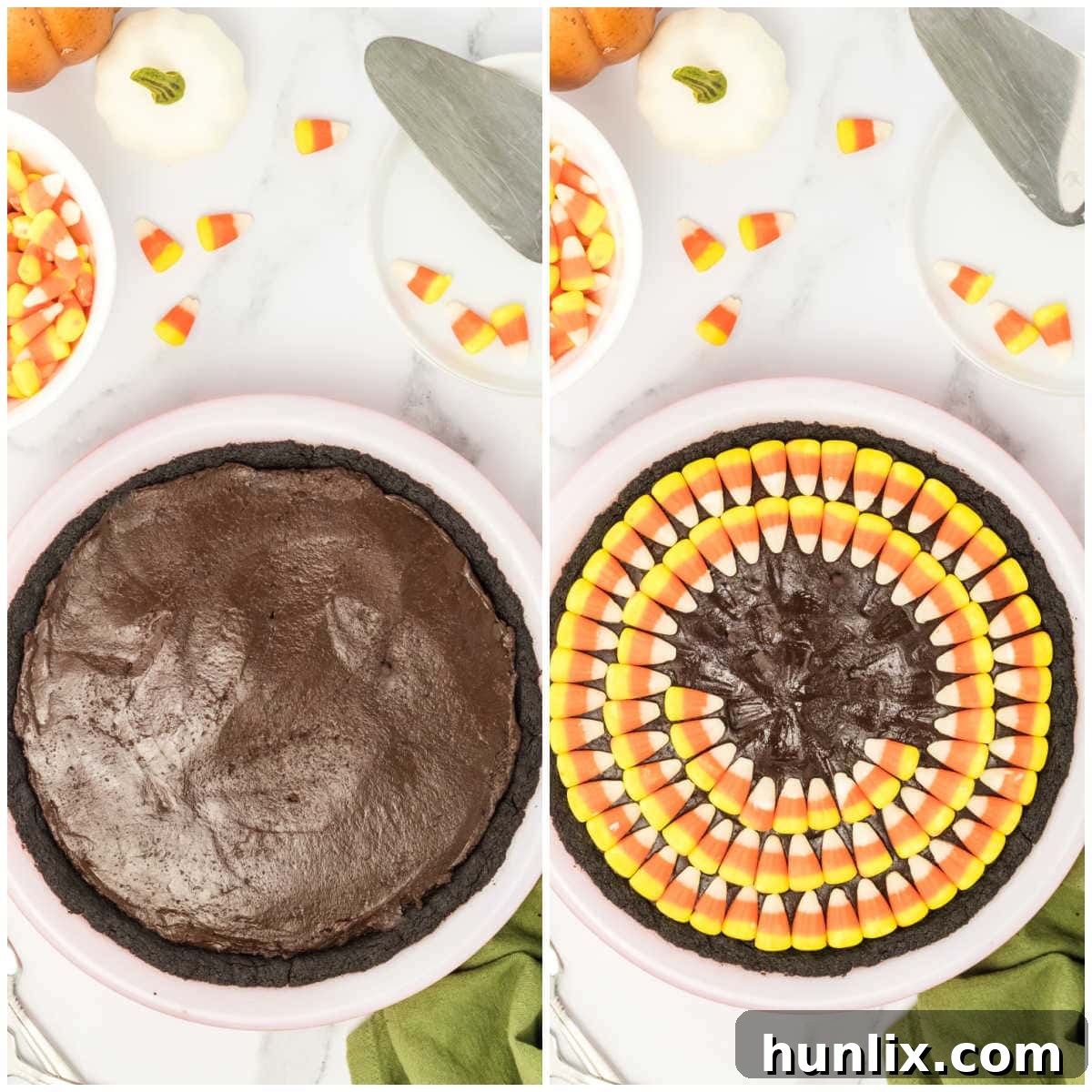 The finished Candy Corn Pie being assembled and prepared for chilling.