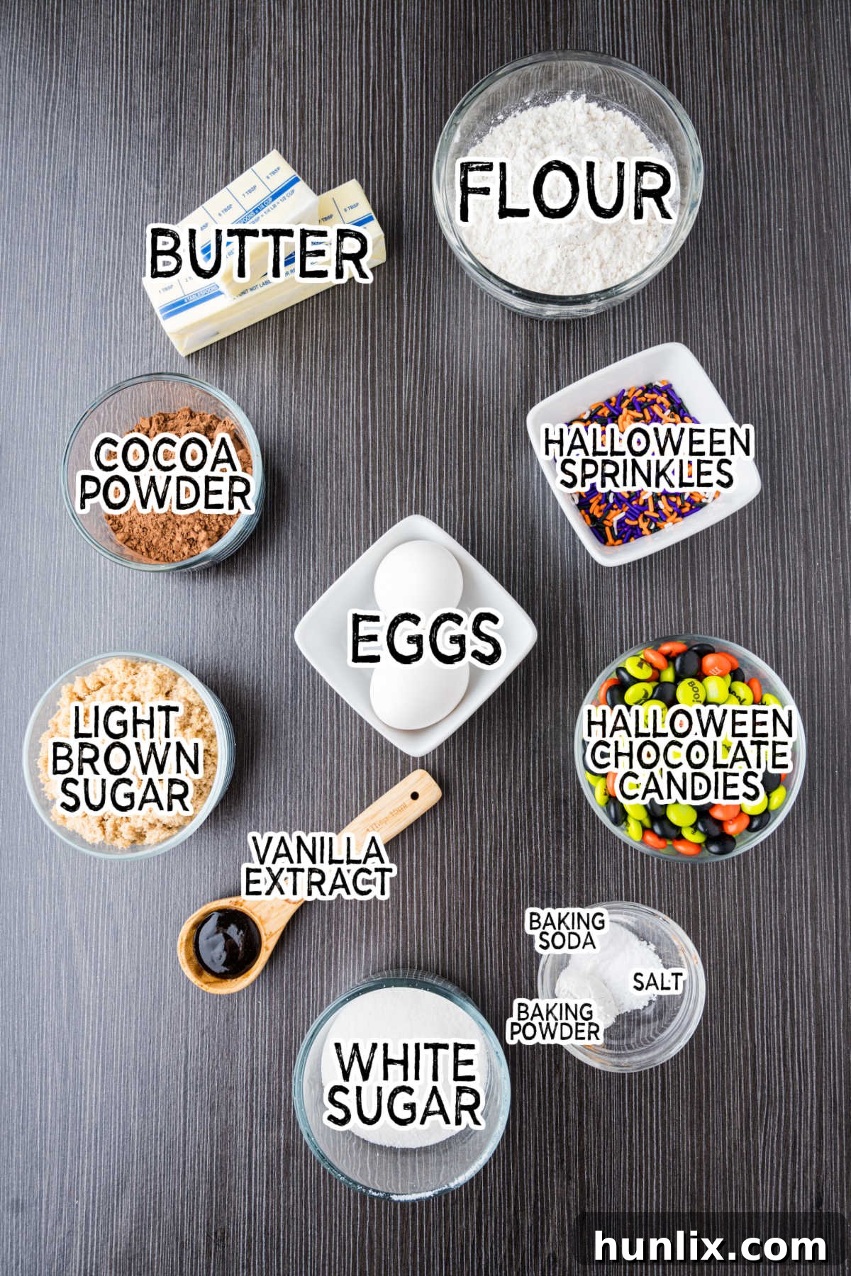 Ingredients laid out on a dark surface.