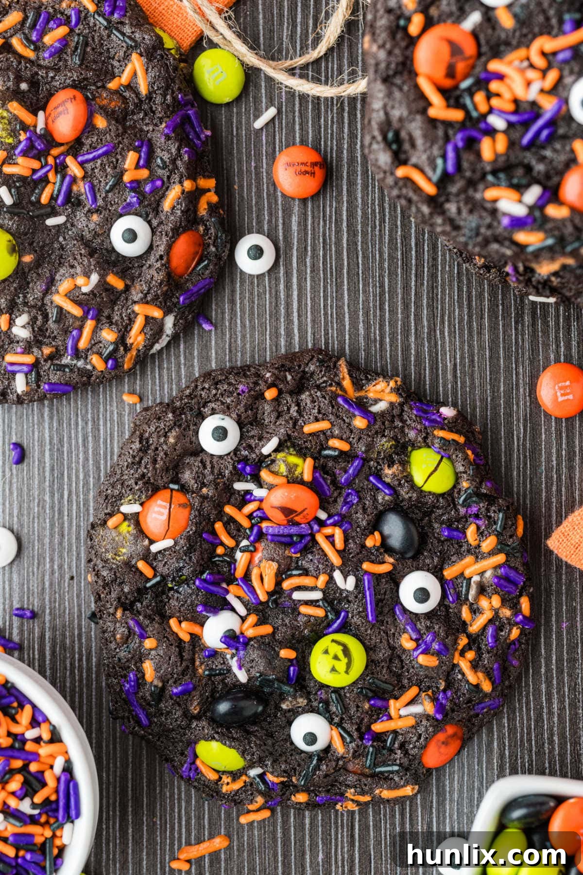 Overhead look at the cookies on a dark surface.