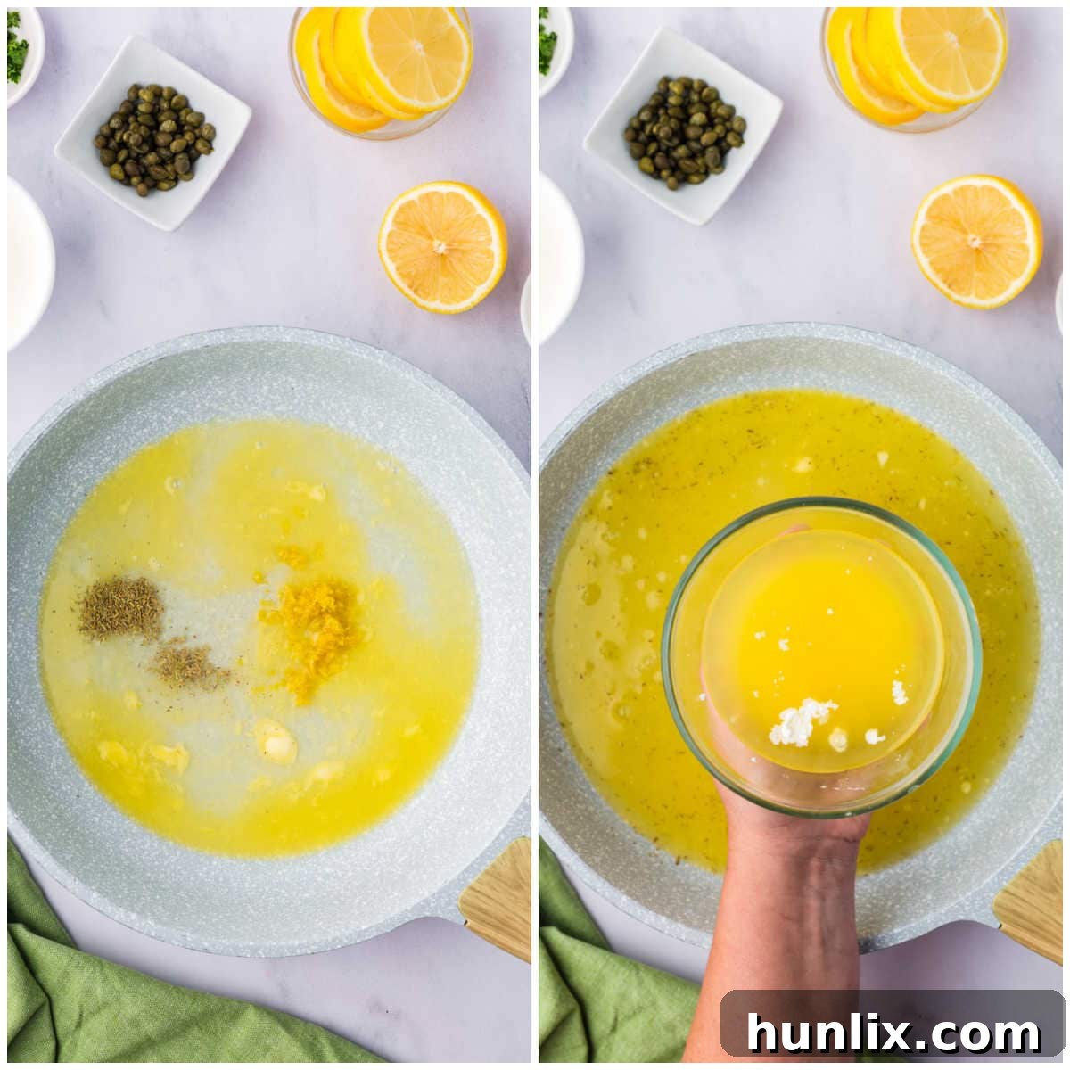 A collage demonstrating three steps of preparing the lemon caper sauce, including whisking ingredients, simmering, and thickening.