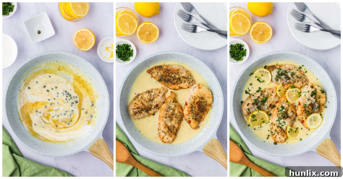 A collage showing the final steps of preparing lemon chicken piccata, including adding chicken back to the sauce and garnishing.