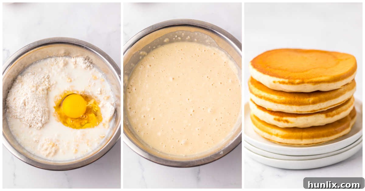 A collage of three images showing the process of making maple-infused pancakes: pancake mix being prepared, maple syrup being added to the batter, and pancakes cooking on a griddle.