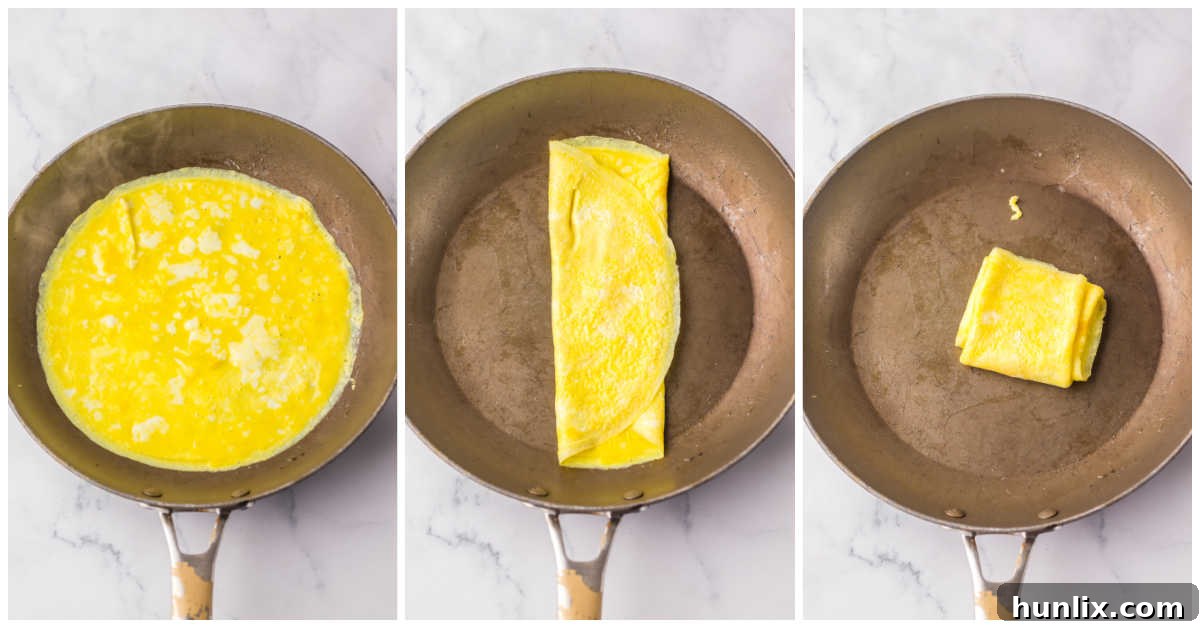 A collage of three images demonstrating how to prepare a folded egg for the McGriddle: whisked eggs in a pan, the egg cooking, and the egg being folded into a square patty.
