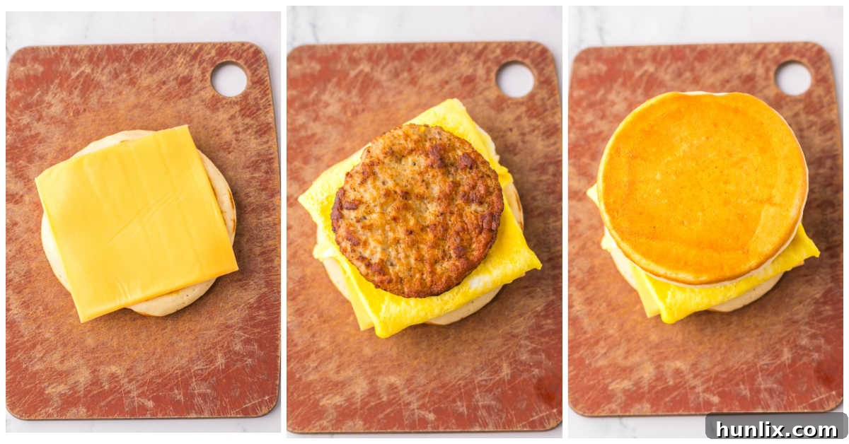 A collage of three images showing the assembly of a copycat McGriddle: a pancake on a plate, adding cheese and egg, and finally stacking all ingredients with another pancake on top.