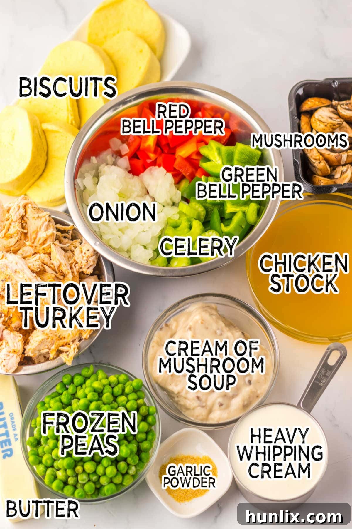 Effortless Slow Cooker Turkey a la King 3 Ingredients on a white counter.