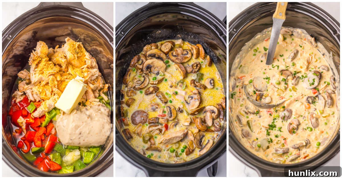 Effortless Slow Cooker Turkey a la King 4 Collage of making the recipe in a black Crockpot.