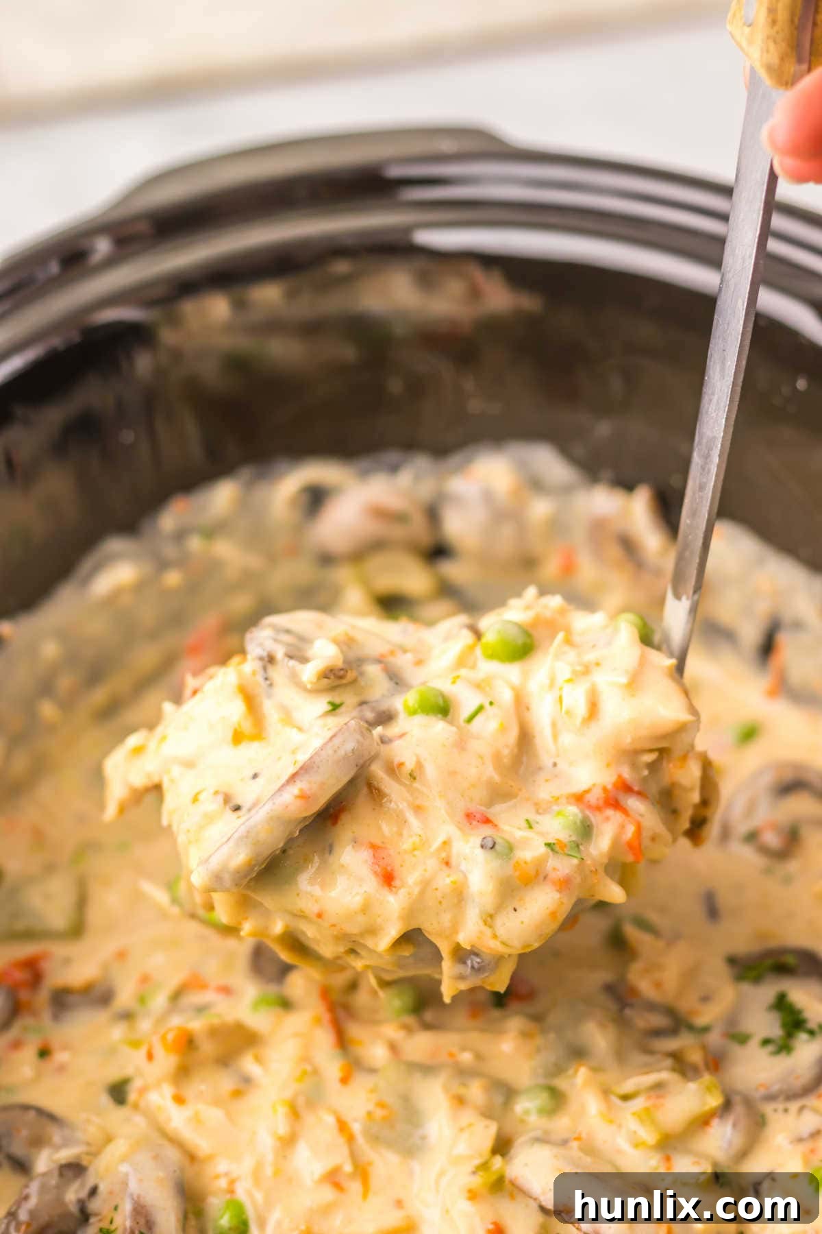 Effortless Slow Cooker Turkey a la King 5 The recipe in a ladle.