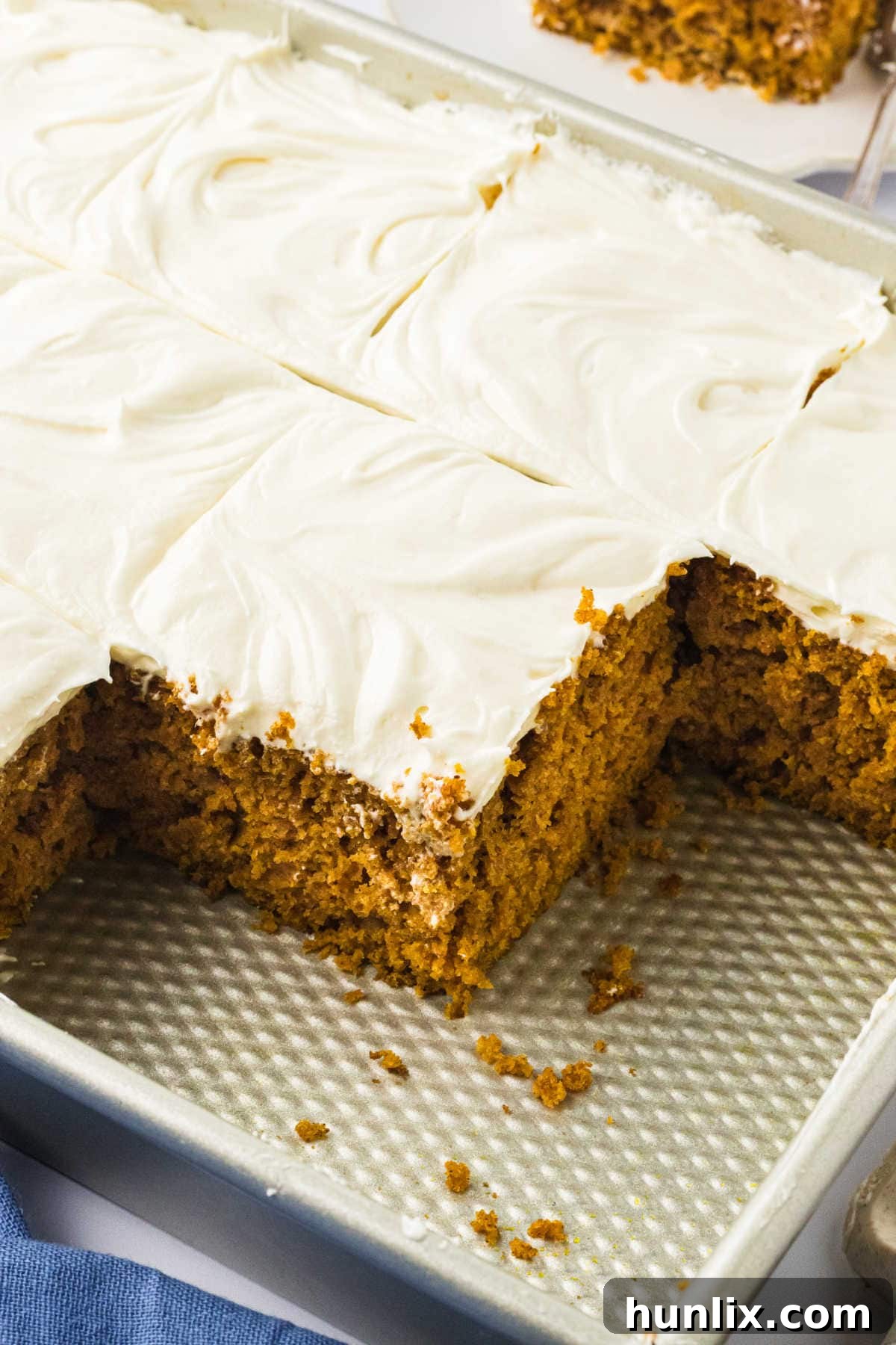 Pumpkin cake in a pan with pieces removed.