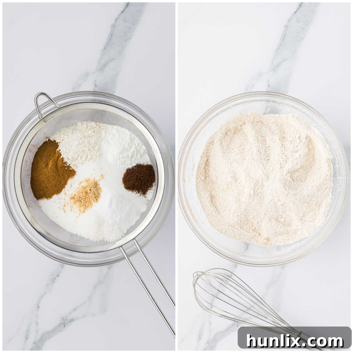 Collage of sifting the dry ingredients into a glass bowl.