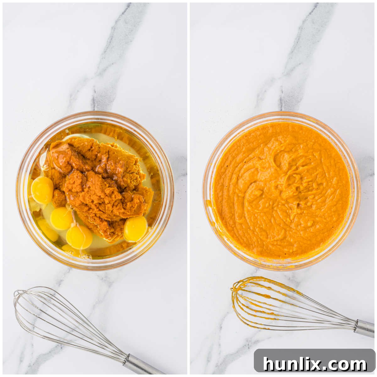 Collage of mixing the wet ingredients in a bowl. 
