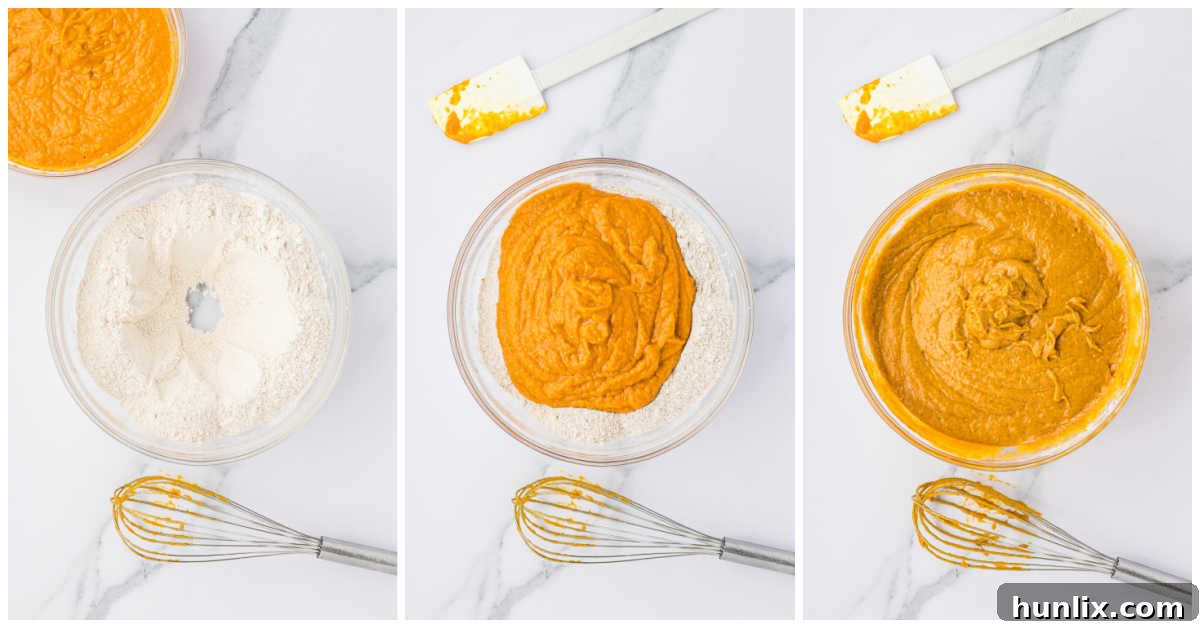 Collage of mixing the dry ingredients into the wet ingredients.