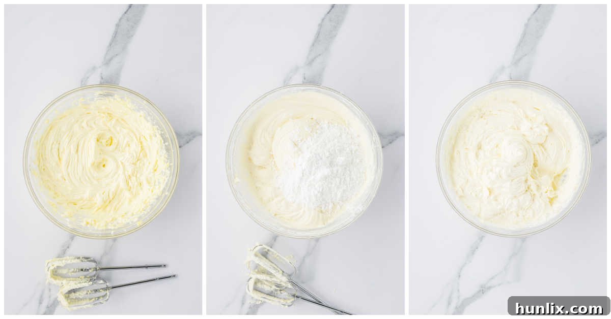 Collage of making the cream cheese frosting in a bowl.