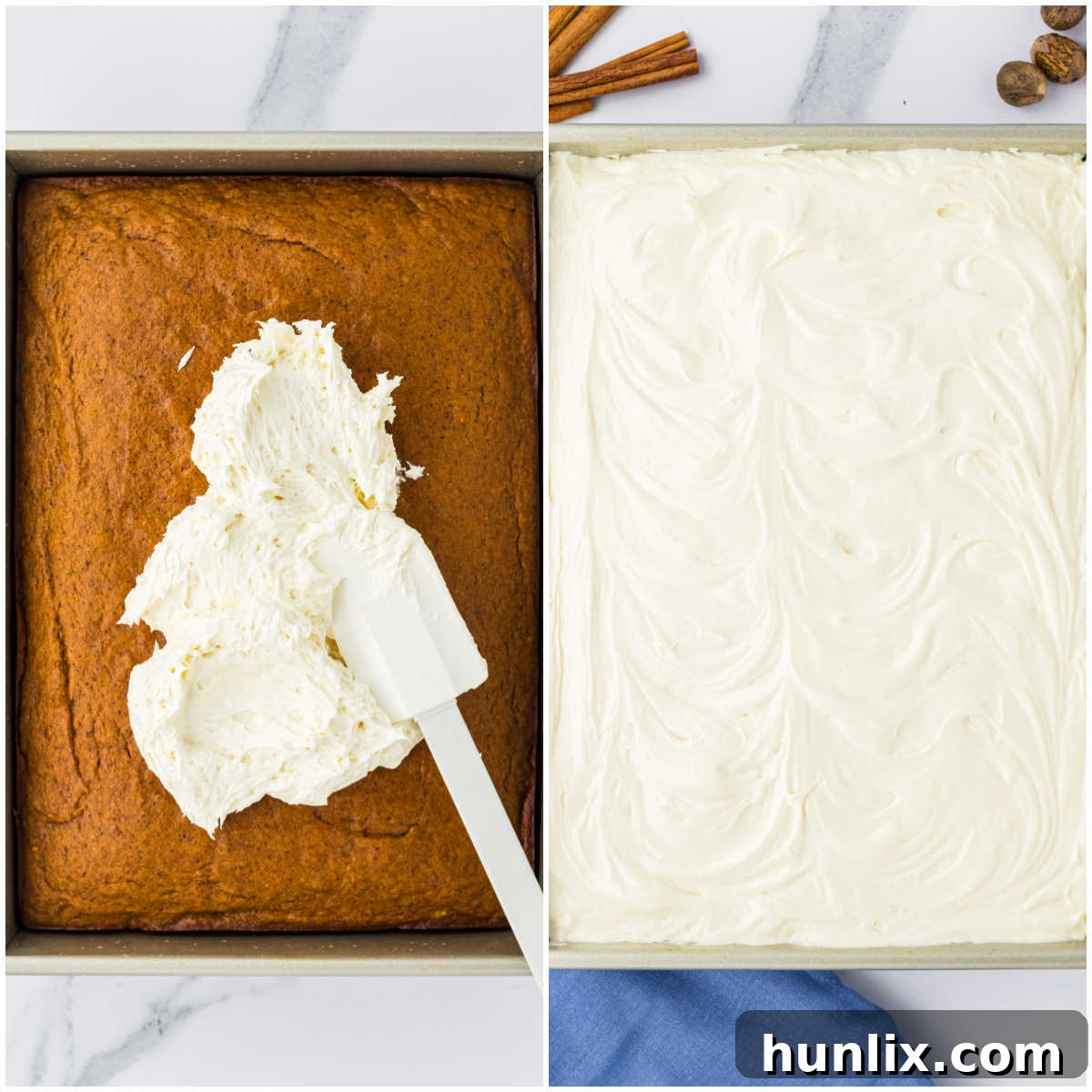 Collage of frosting the cake.