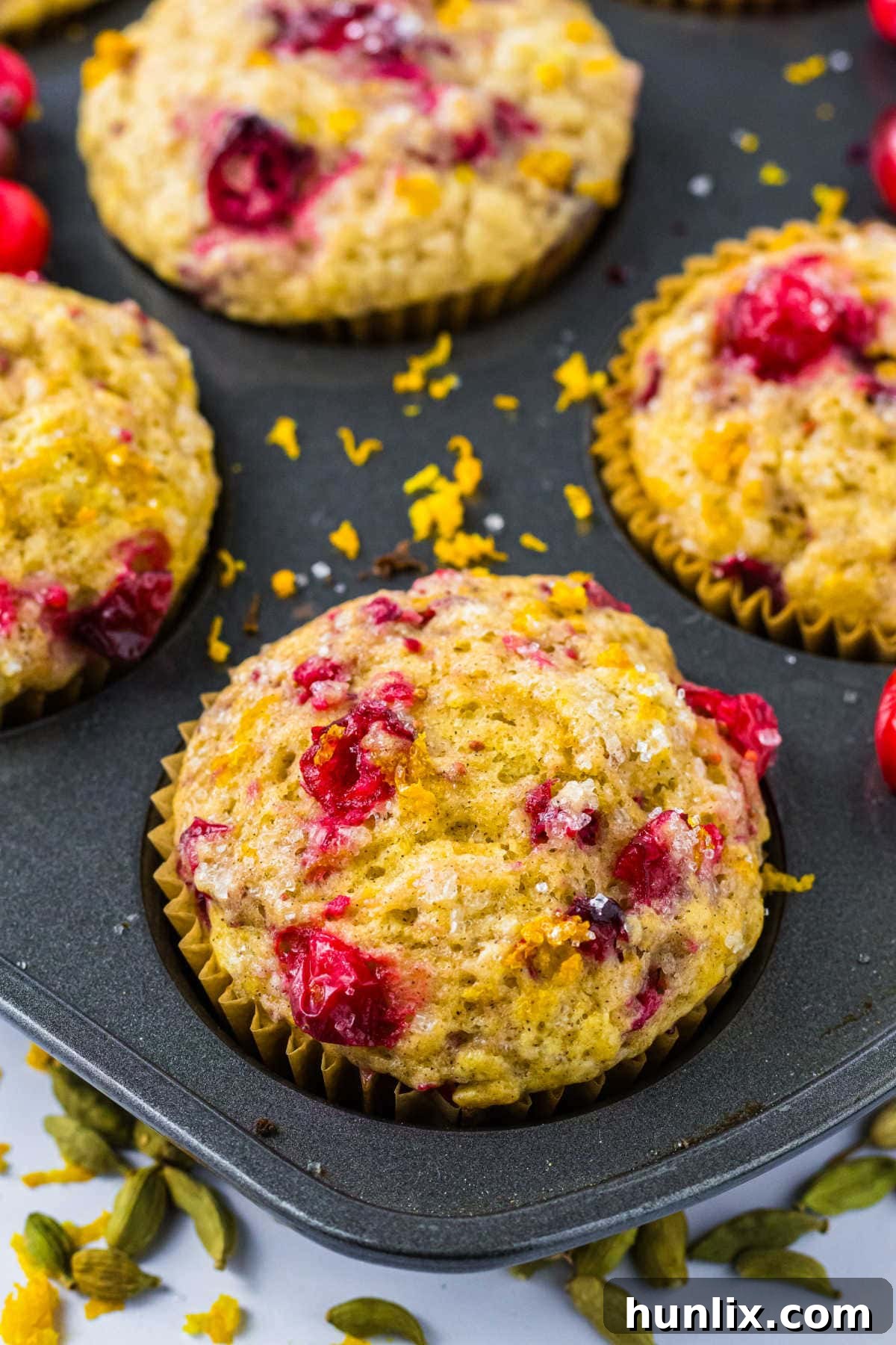 Zesty Cranberry Orange Muffins 2 Cranberry orange muffins in a muffin pan.