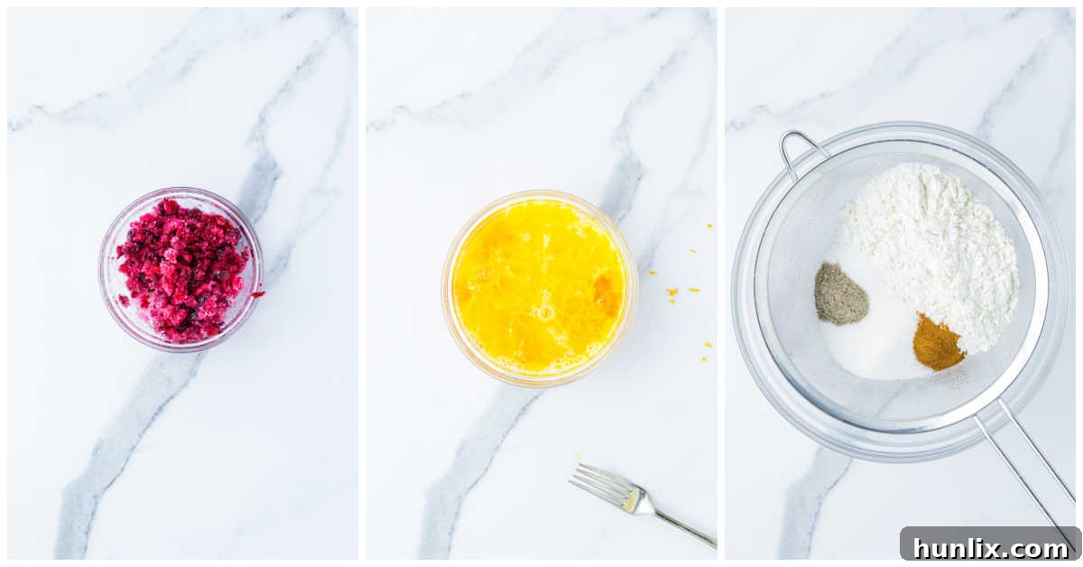 Zesty Cranberry Orange Muffins 4 Collage of mixing the ingredients in bowls for cranberry orange muffins.
