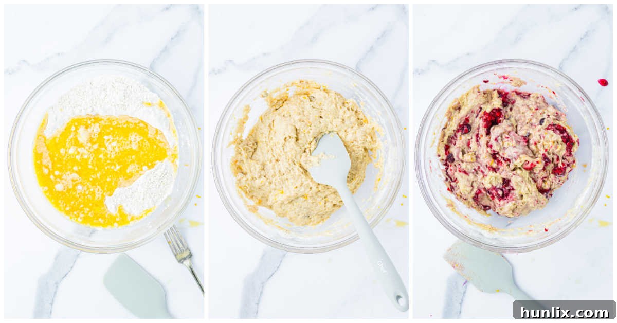 Zesty Cranberry Orange Muffins 5 Collage of preparing the muffin batter for cranberry orange muffins.