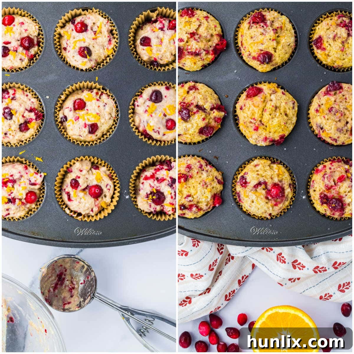 Zesty Cranberry Orange Muffins 6 Collage of baking the cranberry orange muffins in a muffin pan.