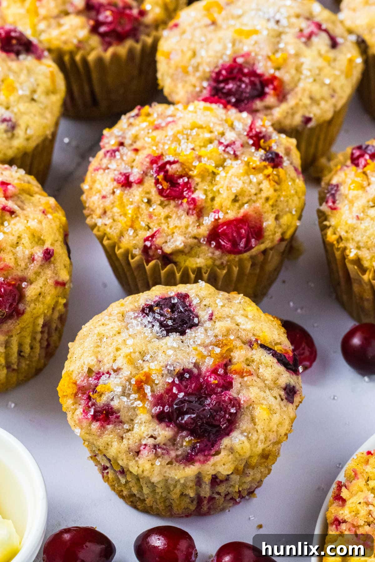 Zesty Cranberry Orange Muffins 8 The cranberry orange muffins on a white surface.