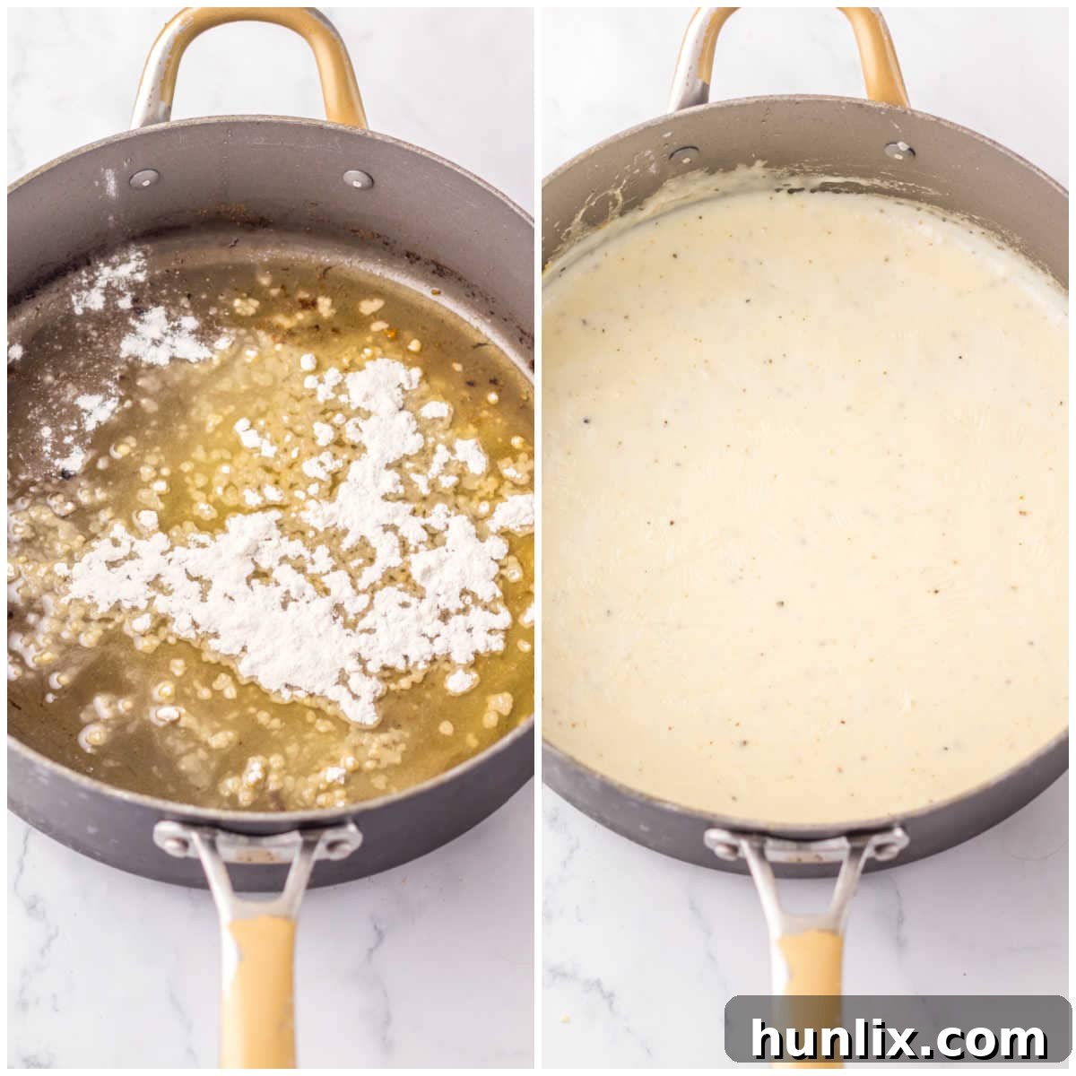 Collage of making the gravy in a pan.