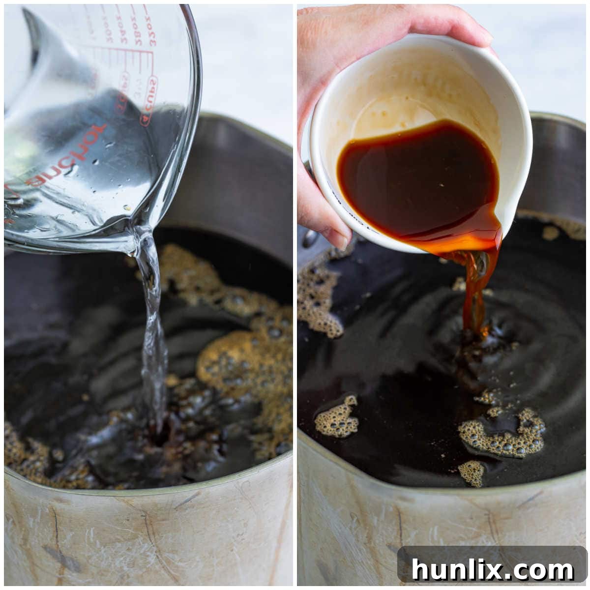 Craft Your Own Coffee Liqueur 5 A collage illustrating the final steps of assembling the Kahlua: mixing, adding rum and vanilla, and bottling.