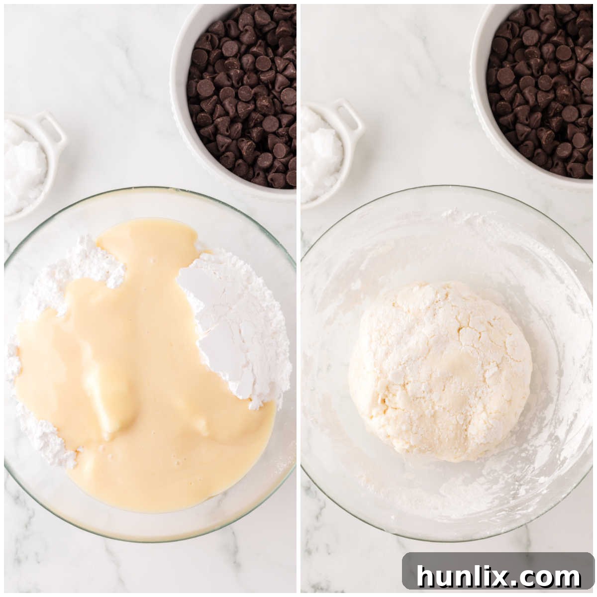 Artisan Peppermint Gems 4 A detailed collage of images showcasing the initial stages of making homemade peppermint patties, including mixing the peppermint filling in a bowl and the dough forming.