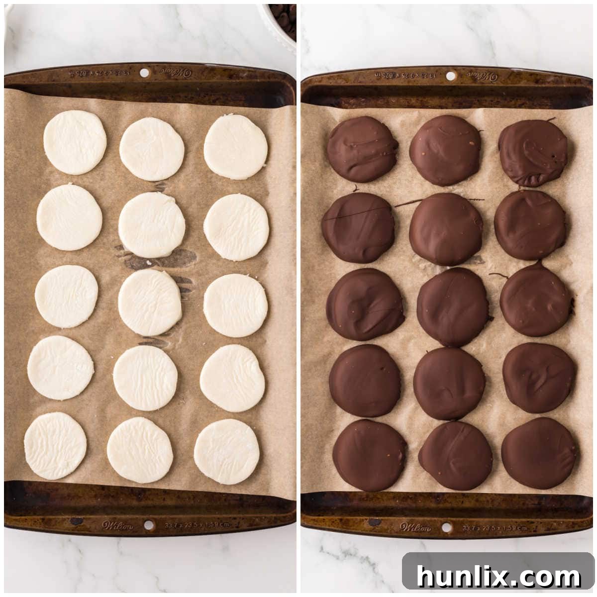 Artisan Peppermint Gems 5 A detailed collage of images demonstrating the process of cutting out peppermint patties and arranging them neatly on a parchment-lined baking sheet, preparing them for chilling.