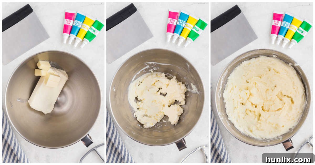 A three-panel collage showing the process of mixing cream cheese, butter, and powdered sugar to form the mint dough.