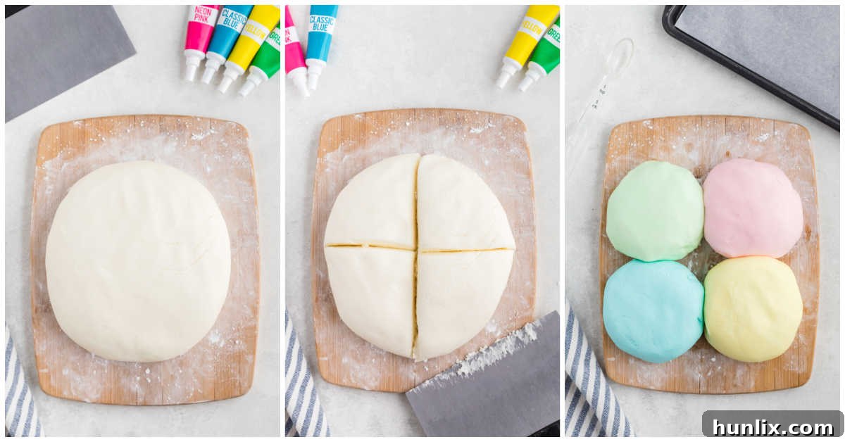 A two-panel collage demonstrating how to divide the dough and knead in food coloring for custom colored mints.
