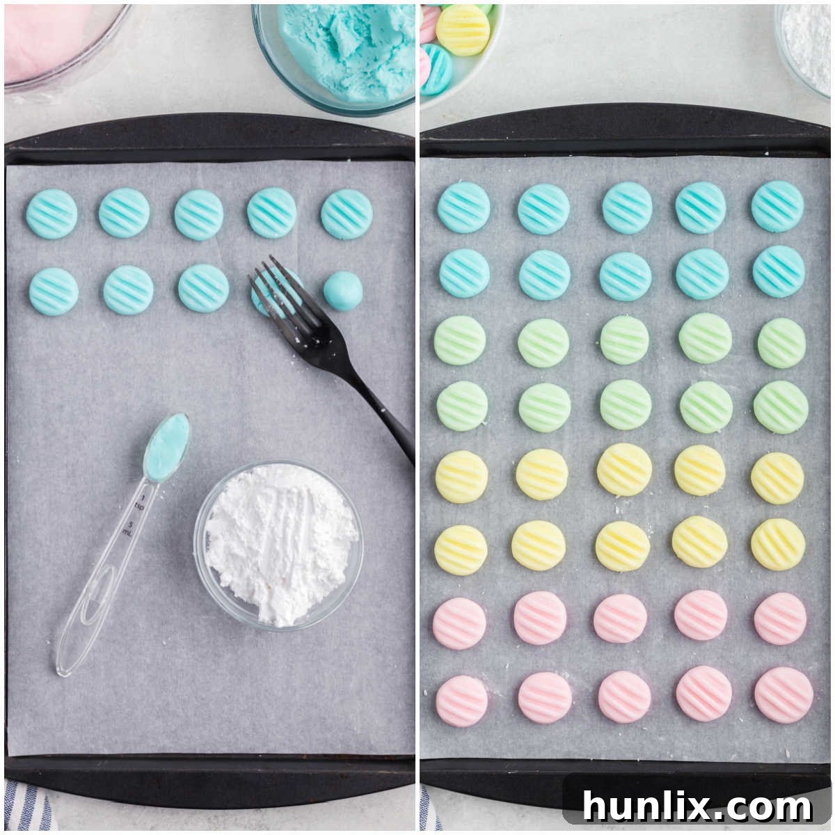 A three-panel collage illustrating the final steps of rolling dough into balls, pressing with a fork for decoration, and arranging on parchment paper to dry.