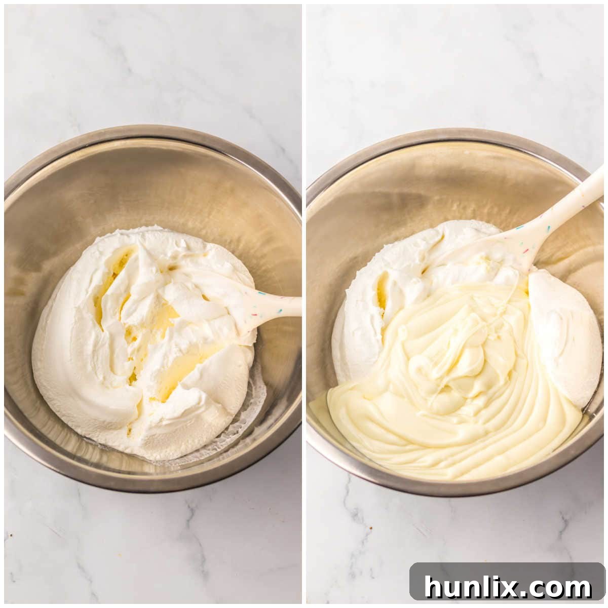 Collage showing the process of mixing Cool Whip and melted white chocolate in a bowl.