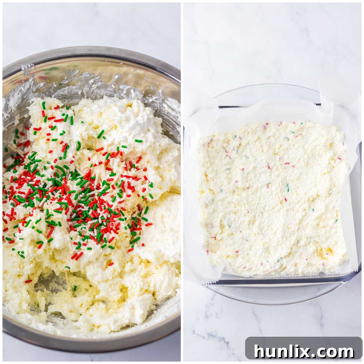 Collage depicting the candy mixture being spread into a pan and sprinkled with festive decorations.