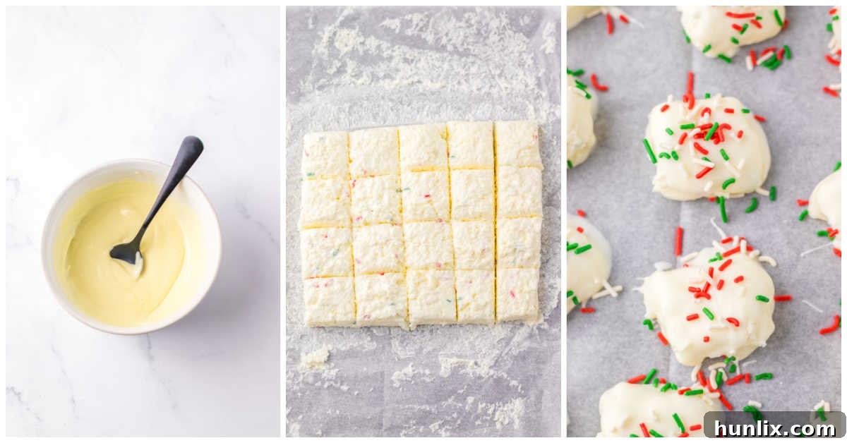 Collage demonstrating melting almond bark, cutting the candy into squares, and the finished, cooling product.