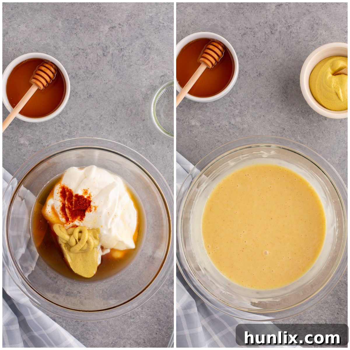 Golden Honey Mustard 4 A collage of two images showing the process of making honey mustard. The first image shows all five ingredients in a mixing bowl. The second image shows a whisk actively mixing the ingredients into a smooth, creamy sauce.