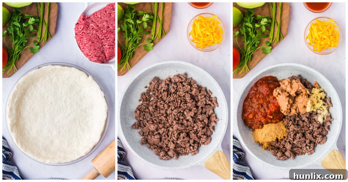 A collage showing the preparation stages of Taco Pie, including stretching the pizza dough into a pie dish and cooking the ground beef mixture in a skillet.