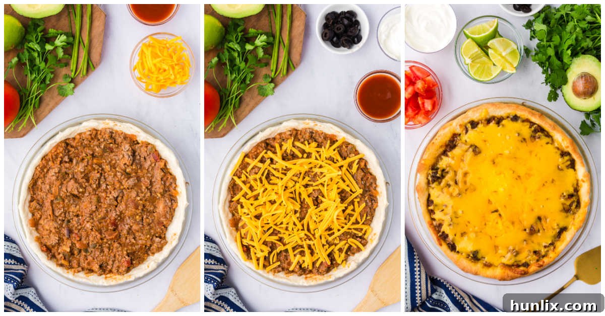 A collage showcasing the final assembly steps of the Taco Pie, with the seasoned meat mixture being spread into the crust and topped with cheese before baking.