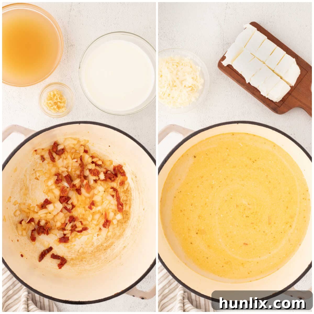 Soulmate Chicken Soup 4 A collage showing the steps of cooking Marry Me Chicken Soup in a large pot.