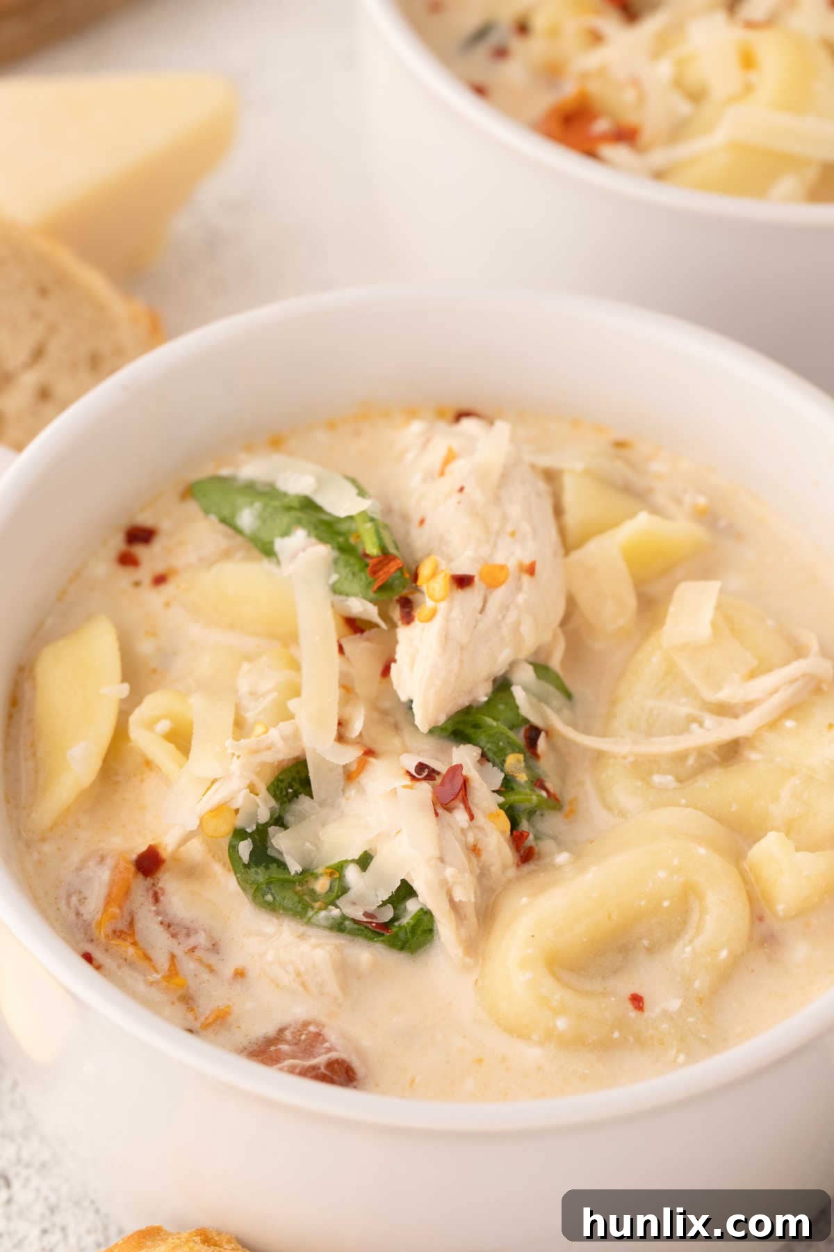 Soulmate Chicken Soup 7 A close-up shot of a single bowl of Marry Me Chicken Soup, showing the rich texture and ingredients.