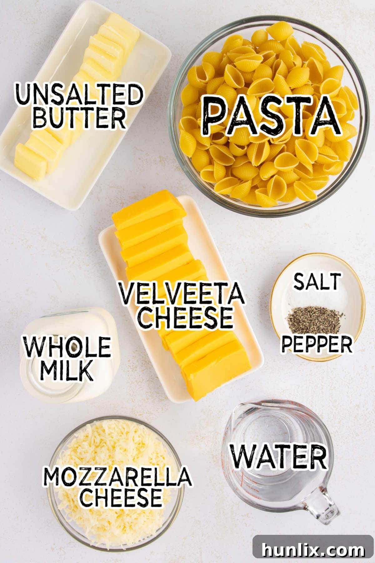 Creamy Slow Cooker Velveeta Mac and Cheese 3 Ingredients on a white background.