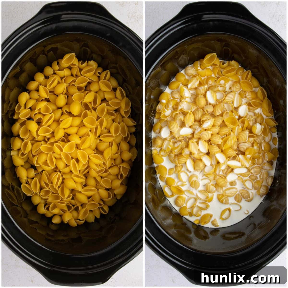 Creamy Slow Cooker Velveeta Mac and Cheese 4 Collage of ingredients in a black slow cooker.