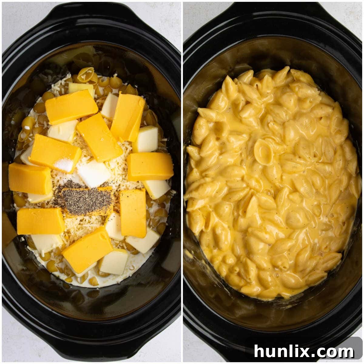 Creamy Slow Cooker Velveeta Mac and Cheese 5 Collage of adding the cheese and cooking the recipe in the slow cooker.