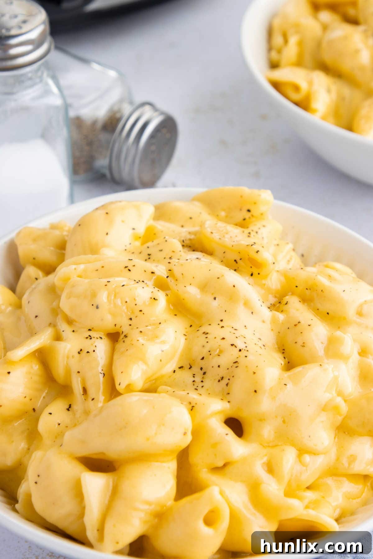 Creamy Slow Cooker Velveeta Mac and Cheese 8 The recipe on a white plate.