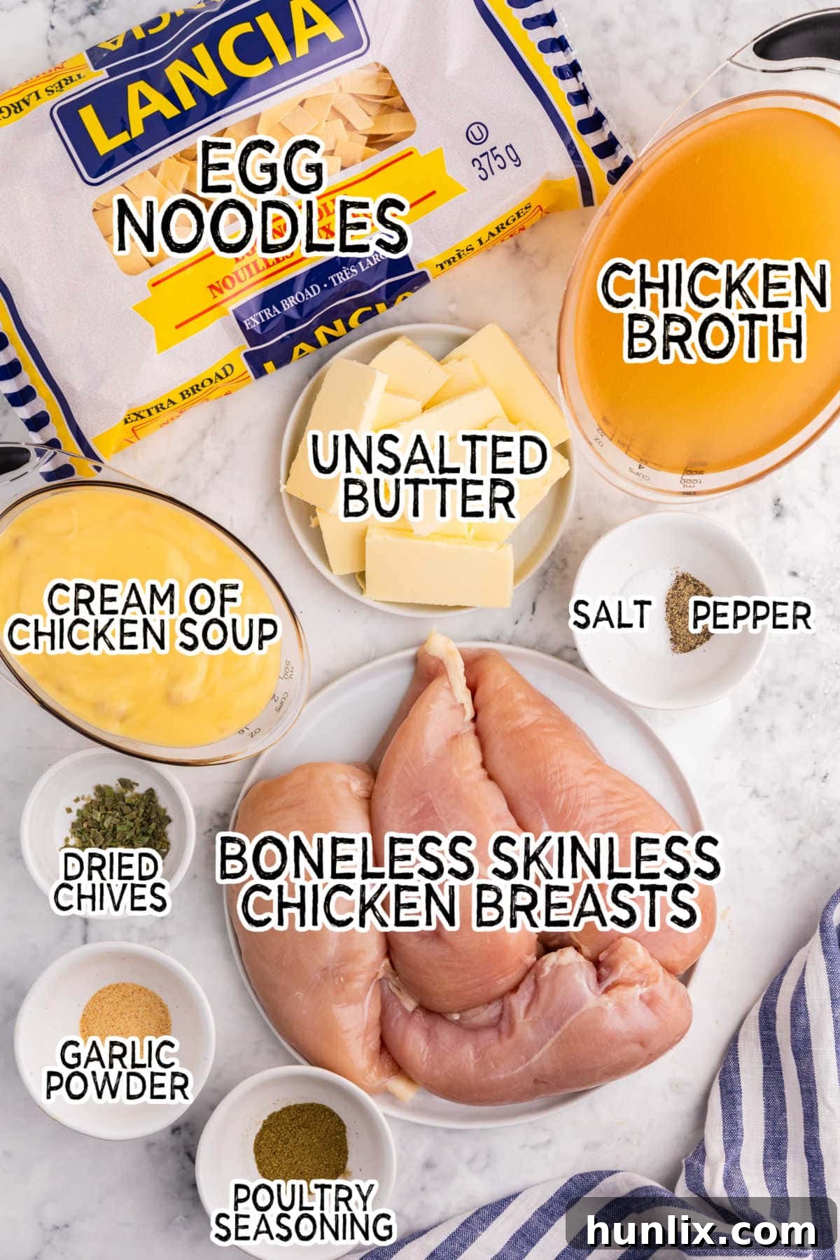 Ingredients on a white marble background.