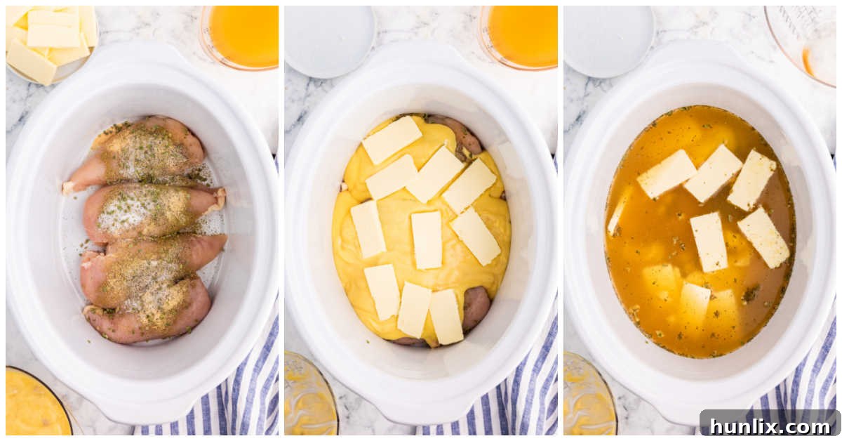 Collage of the chicken and layering ingredients in a white crockpot. 